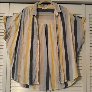 Time and Tru Women's Striped Button Down Shirt - Yellow, Blue, Pink, and White